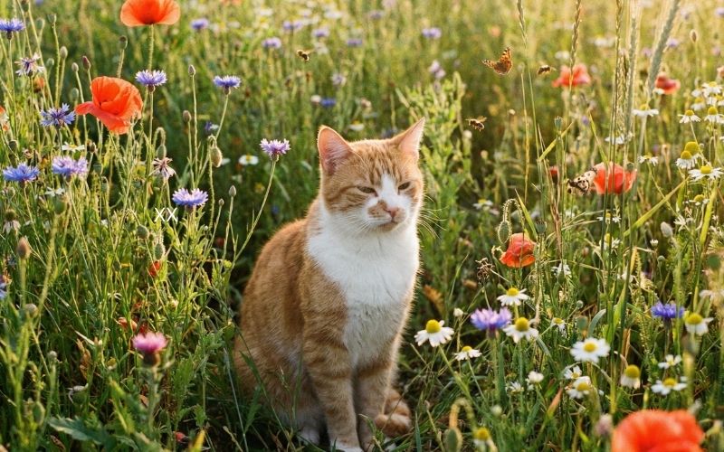 Katze in Blumenwiese