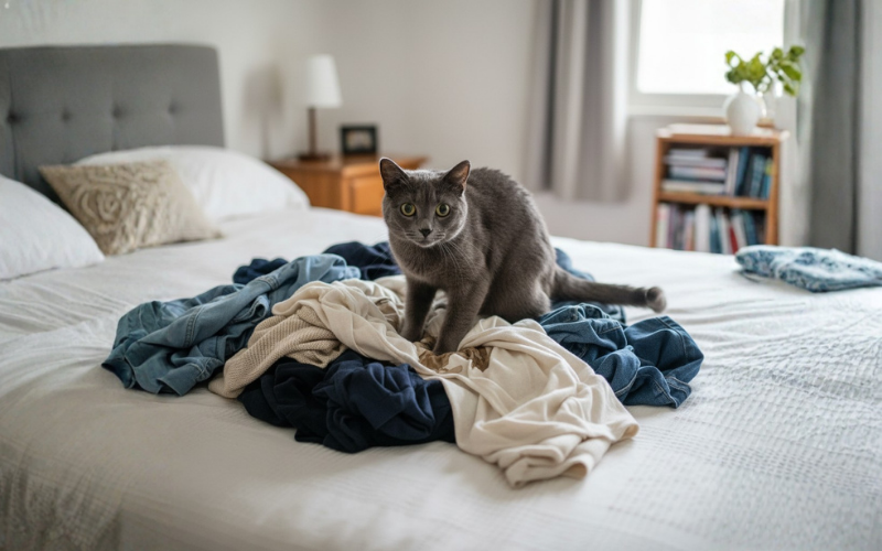 Katze uriniert auf Kleider